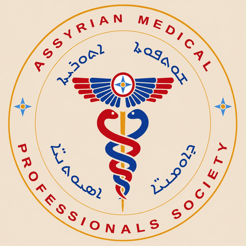 The seal of the Assyrian Medical Professionals Society: a winged sun above a caduceus, with the society's name in English and Syriac